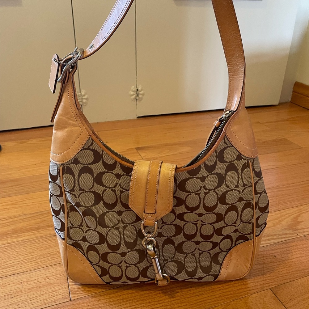 Coach Brown and Tan Hobo Shoulder Bag with Signature Pattern